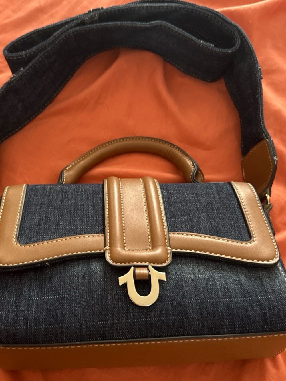 True Religion Denim and Tan Leather Top-Handle Satchel